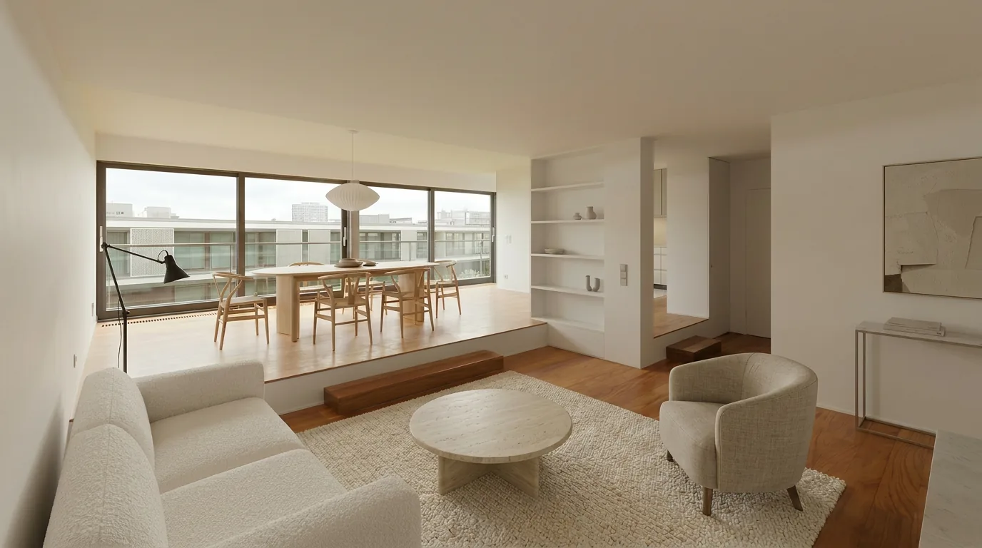 Spacious interior living room with views and dining area