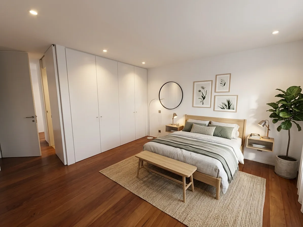 Interior bedroom with bright ambience and elegant finishes