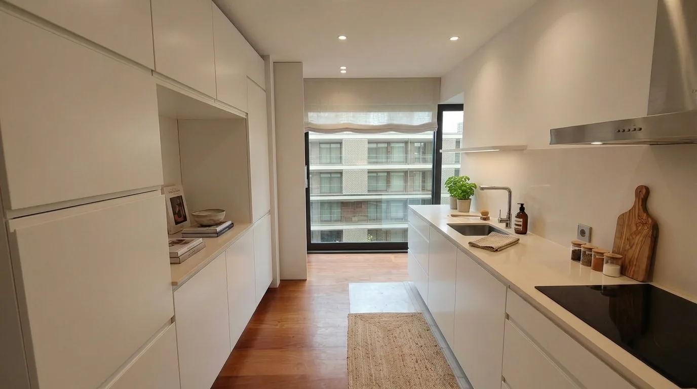 Contemporary linear kitchen with natural light