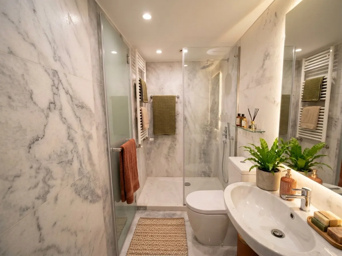 Bathroom finished in marble with walk-in shower