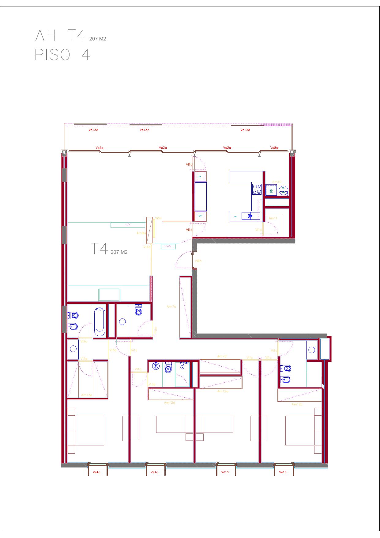 Planta da fração AH (T4, 4º DTO)