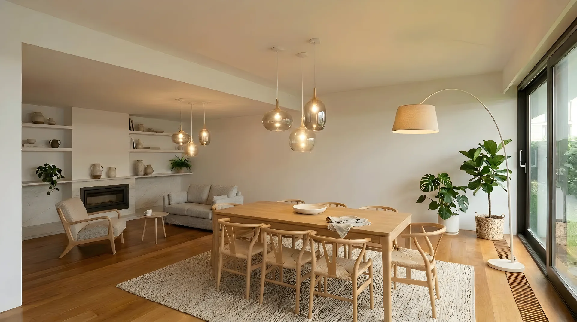 Living and dining room with decorative pendant lights and fireplace